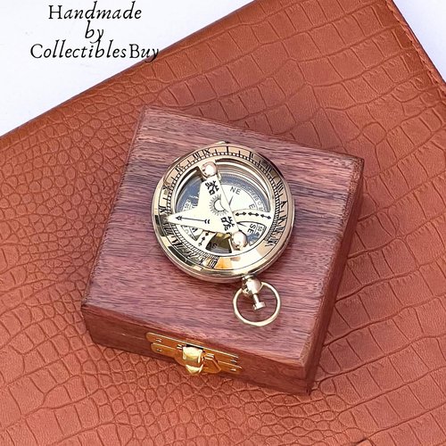 Marine Sundial Compass with Antique Nautical Solid Pocket Compass in Box Vintage Polish with Brass Finish Navigate Device Collection
