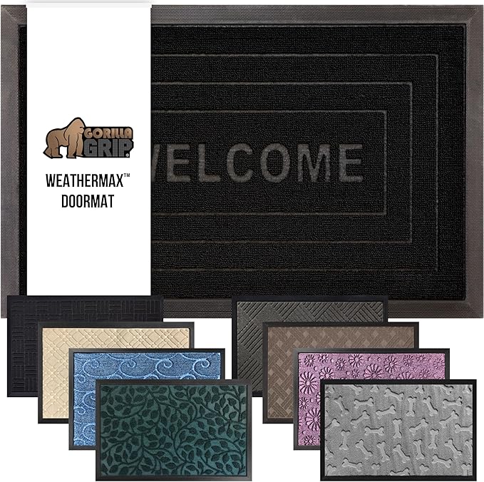 GORILLA GRIP 100% Waterproof All-Season WeatherMax Doormat, 47x35, Durable Natural Rubber, Stain and Fade Resistant, Low Profile, Indoor Outdoor Doormats, Easy Clean Patio Entry Mat, Black Welcome