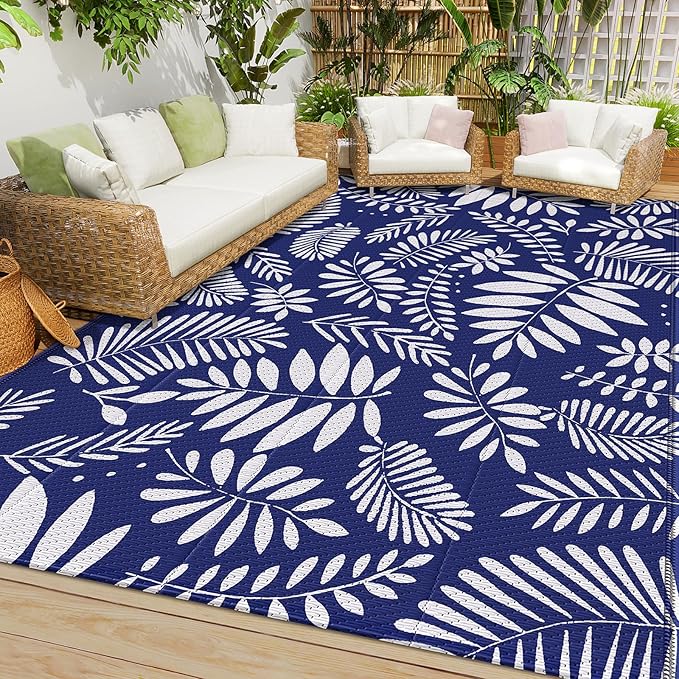 StepRite Outdoor Rug, Patio Rug, Plastic Straw Camping Rugs, Large Waterproof Area Rug and Mat for Outdoors, RV, Patio, Backyard, Deck, Porch, Beach, Balcony, (5'x 8', White & Blue)