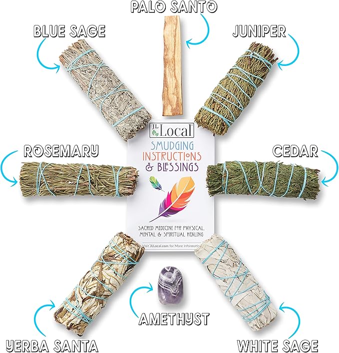 Sage Variety Pack - White Sage, Blue Sage, Yerba Santa, Cedar, Juniper & Palo Santo Smudge Sticks + Amethyst | Smudging Kit (Variety Sages)