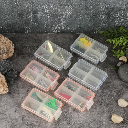 JUXYES Pack of 6 Plastic Small Fishing Tackle Box Organizer with 4 Compartments, Clear Mini Fishing Tackle Storage Boxes with Dividers, Transparent Fish Pocket Tackle Storage Box Lure Box