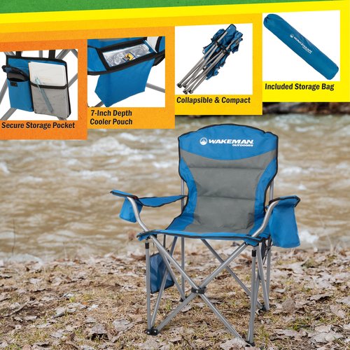 Wakeman Outdoors Oversized Camping Chair 300lbs - Heavy Duty Folding Chair with Cooler Pouch and Carry Bag for Camp Sites, Tailgates, or Beach (Blue)