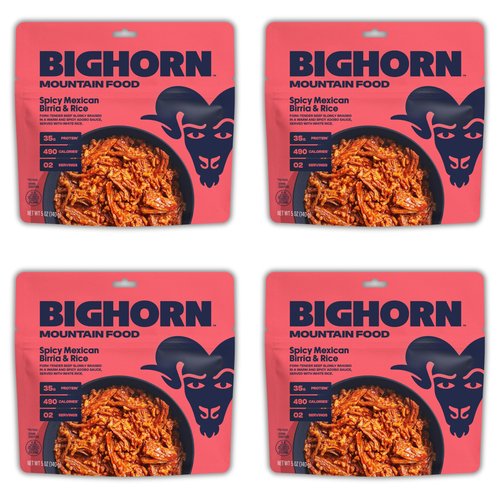 BIGHORN Mountain Food Spicy Mexican Birria and Rice - contains 4 packs | 8 servings | 140g Protein | 1,960 Calories - premium freeze dried meals for backpacking food - dehydrated camping food for backpacking meal - just add water - great taste