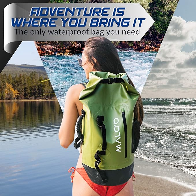 Malo'o 45L Waterproof Heavy Duty Backpack Dry Bags for Kayaking, Camping, Fishing, Hiking Daypack - Beach Accessories, Boat accessories, and Travel Gear - Fishing Rod Case Straps (Dark Blue)