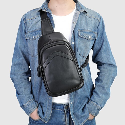 MASIWEI Genuine Leather Sling Bag for Mens Crossbody Bag Shoulder Backpack Fashion Chest Bag Travel Hiking Daypack, Black