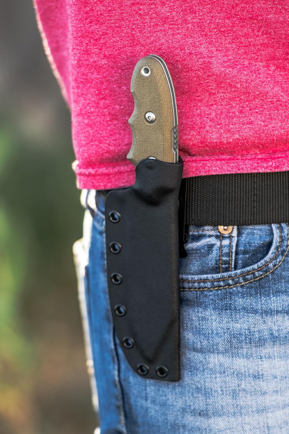 Tops Knives Backpackers Bowie Full Tang Fixed Blade- Tumble Finish-Black Kydex Sheath w/Rotating Spring Steel Clip (Green Canvas Micarta Handle)