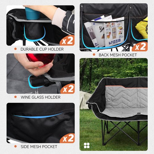 VAGANTH Double Camping Chair Oversized Padded Camping Sofa for 2 Person, Foldable Loveseat with Dual Cup Holders & Wine Glass Holders, Double Folding Chair Camping Couch for Beach, RV, Patio, Black