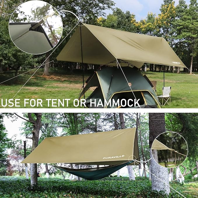Puraville Camping Tarp Waterproof, Hammock Rain Fly Tent Tarp - 12 10 ft Rectangle Lightweight Camping Tarps, Portable Rain Fly for Camping Backpacking (Khaki)