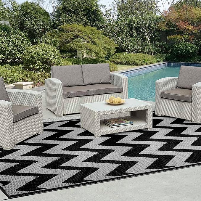 Easy-Going Reversible Outdoor Rugs 6x9ft Waterproof Plastic Straw Rug Stain & UV Resistant Floor Mat for Patio Porch RV Backyard Pool Deck Picnic Beach Trailer Camping (Waved Black & Light Grey)