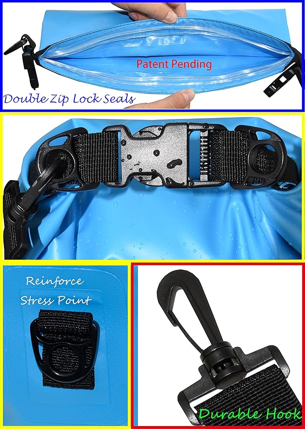 Waterproof Dry Bags Set of 3 Dry Bag with 2 Zip Lock Seals & Detachable Shoulder Strap, Waist Pouch & Phone Case - Can Be Submerged Into Water - for Swimming (Sky Blue, 10L)