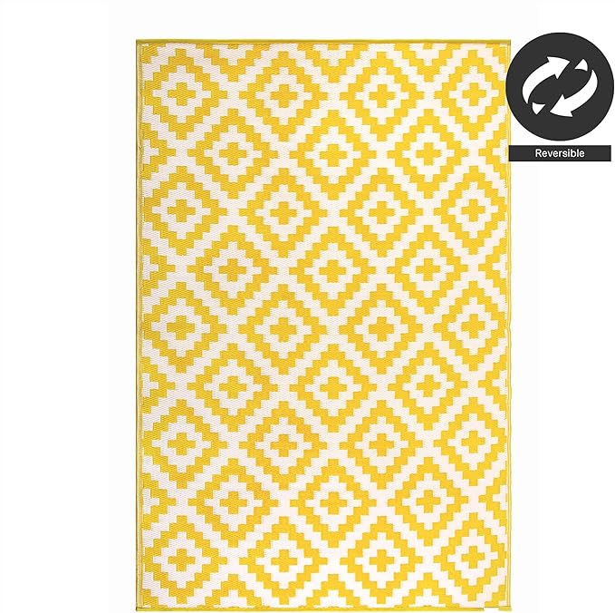 FH Home Outdoor Camping Rug - Waterproof, Fade Resistant, Reversible - Premium Recycled Plastic - Geometric - Large Patio, Deck, Sunroom, RV - Aztec - Yellow & White - 9 x 12 ft Foldable