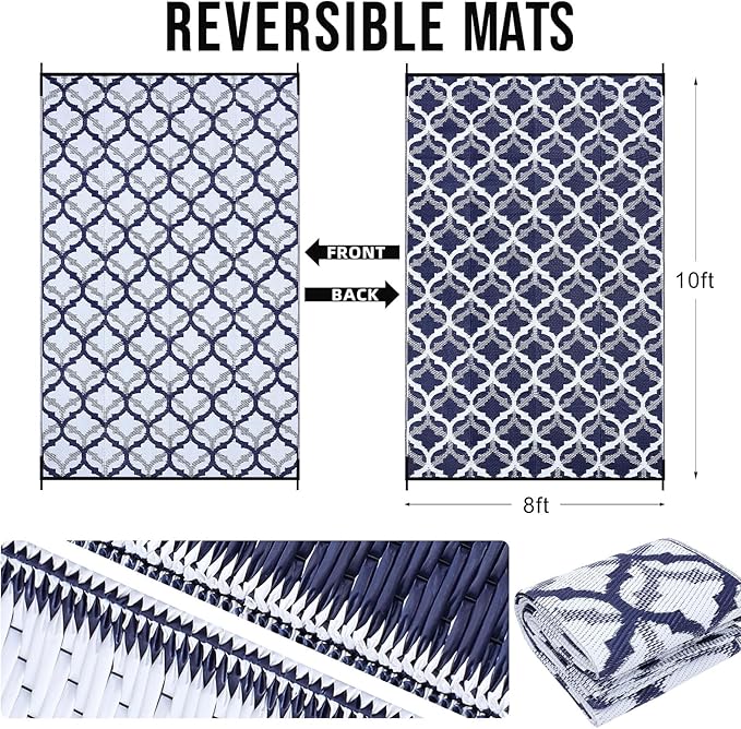 OLANLY Reversible Outdoor Rug 8x10 ft Clearance, Waterproof Outdoor Plastic Straw Rug with Interlacing Pattern, RV Mat for Patio, Camping, Balcony, Deck, Backyard, Navy & White