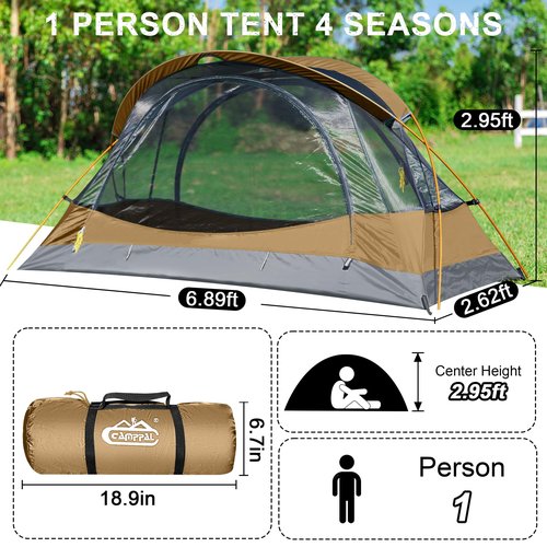 Camppal 1 Person Backpacking Tent, Waterproof 4 Seasons Tent, Lightweight Cold Weather Winter Tent Easy Setup for Hiking, Camping, Hunting