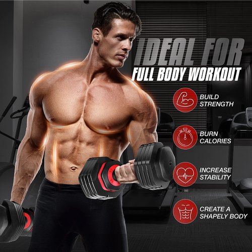 Yes4All 55lbs Pair Red Grip Adjustable Dumbbells Weights, 5 in 1 Weights Dumbbell with One Second Dial Handle for Different Workout Levels