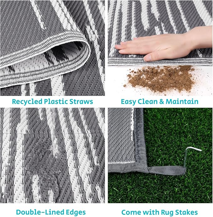 HEBE Outdoor Rug 9'x12' for Patios Clearance Waterproof Patio Mat Plastic Straw Rug Reversible RV Camping Tent Rug Outside Indoor Outdoor Area Rugs for RV,Deck,Beach,Balcony,Camper
