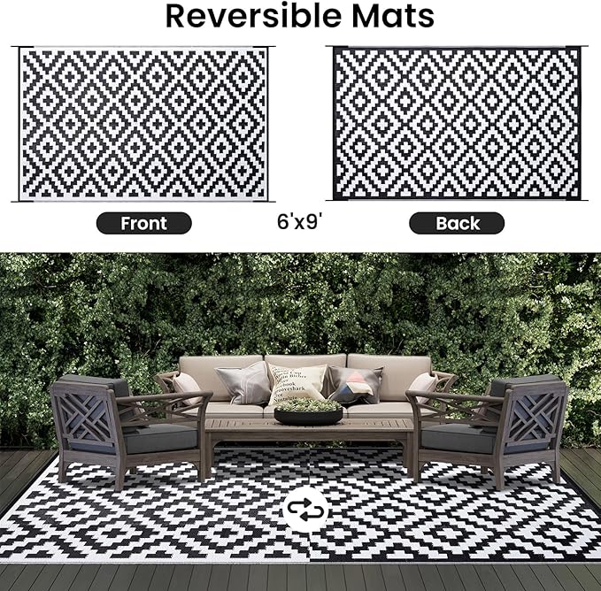 Smiry Waterproof Outdoor Rug 6x9 ft, Reversible Plastic Straw Patio Camping Rugs, Outdoor Indoor RV Mat Carpet for Patio, Outside Entry, Backyard, Deck, Bench, Picnic, Camper, Black & White