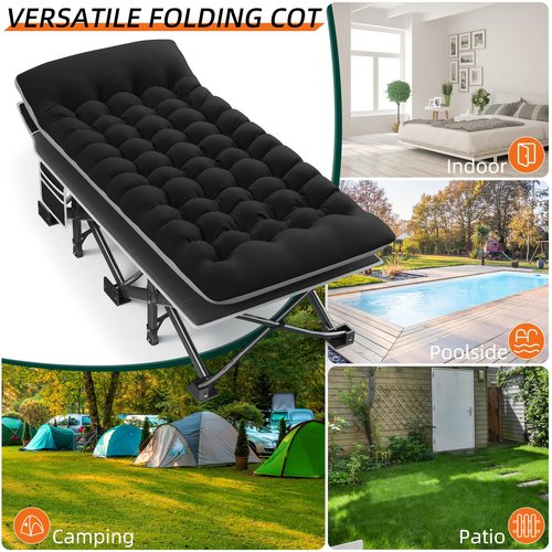 Fragess Portable Camping Cot, 32" Extra Wide Camping Cots for Adults with Thick Mattress, Heavy Duty Sleeping Cot Holds Up to 600LBS, Cots for Sleeping, Rv, Beach, Patio, Office Naps(Black)