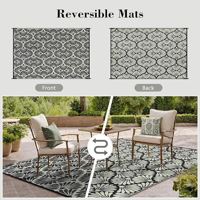 Lahome Patio Rugs Outdoor 8x10 Waterproof, Boho Outdoor Rug for Camping Beach, Plastic Straw Stain Resistant Mats for Outside Rv Backyard Garden Under Awning, Black White,8'x10'