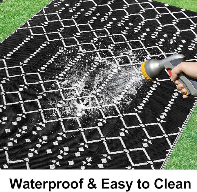 Smiry Outdoor Rug 8x10 ft, Waterproof Reversible Plastic Straw Rugs, Boho Outdoor Area Rug, Outside Floor Mat for Patio, Backyard, Deck, Picnic, Beach, Camping, Black