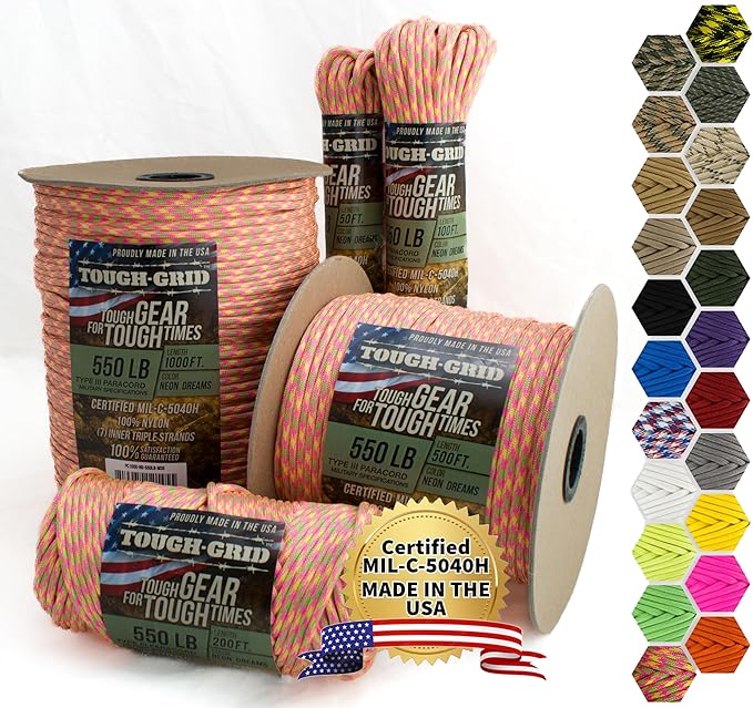 TOUGH-GRID Premium 550lb Paracord Rope - 500Ft White - 100% Nylon Type III Mil-Spec - UV & Abrasion Resistant - Heavy Duty Strands - Outdoor Survival Rope - Used by US Military - Made in USA