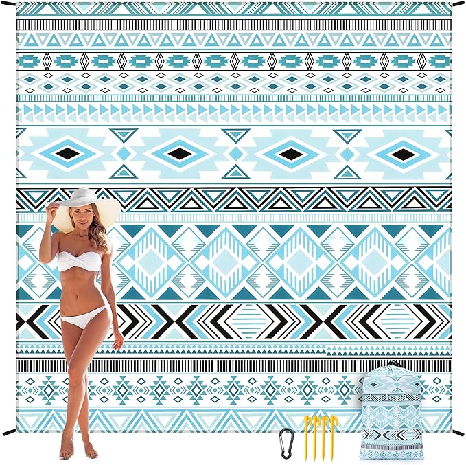 Beach Blanket Sandproof Extra Large Beach Mat Adults Waterproof Quick Drying Sand Free Mat Made by Premium Polyester with 4 Stakes & 4 Corner Pockets for Outdoor Travel Camping Hiking