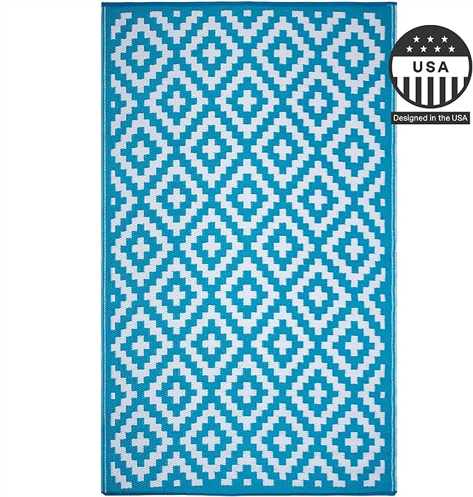 FH Home Outdoor Rug - Waterproof, Fade Resistant, Reversible - Premium Recycled Plastic - Geometric - Patio, Deck, Porch, Balcony, Laundry Room - Aztec - Teal & White Crease Free - 4 x 6 ft