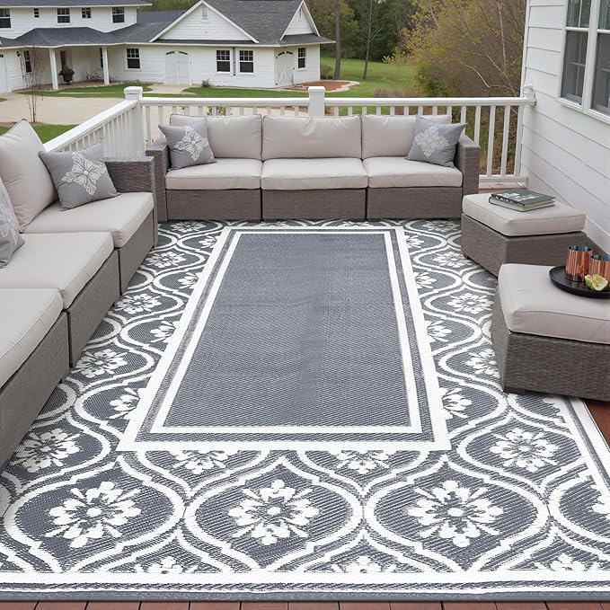 Plastic Outdoor Rug 6'x9' Waterproof Camping Carpet Outside Area Rug Reversible Grey Rugs for RV Deck Entryance Porch Picnic Balcony Beach