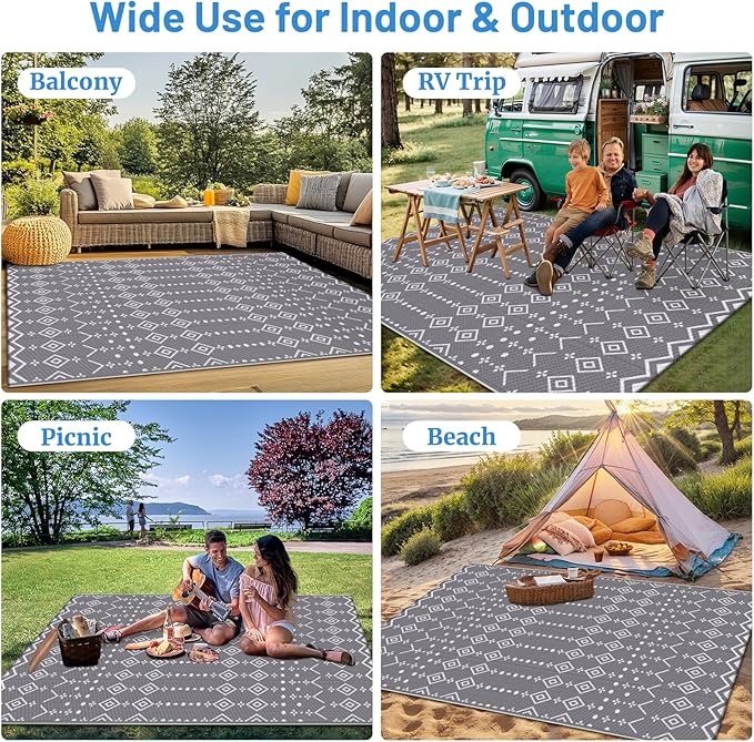 StepRite 4’ x 6’ Reversible Outdoor Rug, Waterproof Plastic Straw Rug, Patio Rug, Large Modern Area Rug Carpet, Indoor Outdoor Rugs for Camping, Porch, Deck, Balcony, Backyard, RV, Picnic(Grey)