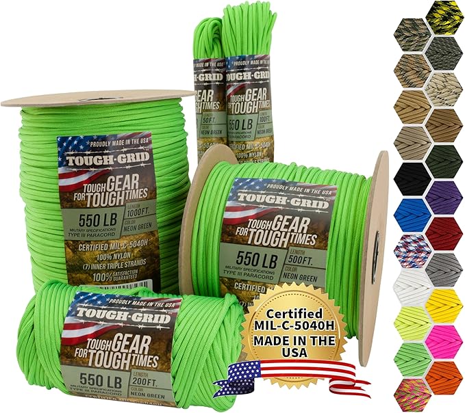 TOUGH-GRID Premium 550lb Paracord Rope - 500Ft White - 100% Nylon Type III Mil-Spec - UV & Abrasion Resistant - Heavy Duty Strands - Outdoor Survival Rope - Used by US Military - Made in USA
