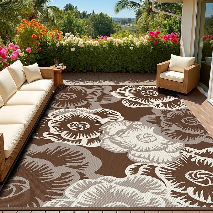 MontVoo Outdoor Rug-Waterproof Patio Rug Mat 6x9 Outdoor Carpet Mat Reversible Plastic Straw Outside Outdoor Rug for RV Camping Picnic Beach Balcony Backyard Pool Deck Farmhouse Floral Beige Brown