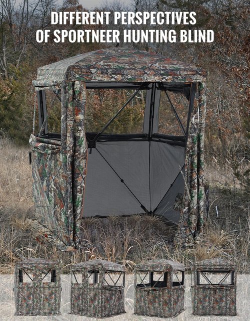 Sportneer Hunting Blind 270 Degree See Through Ground Blind with Silent Sliding Door & Windows for Deer Hunting, 2-3 Person Pop Up Ground Blind for Turkey and Deer with Carrying Bag