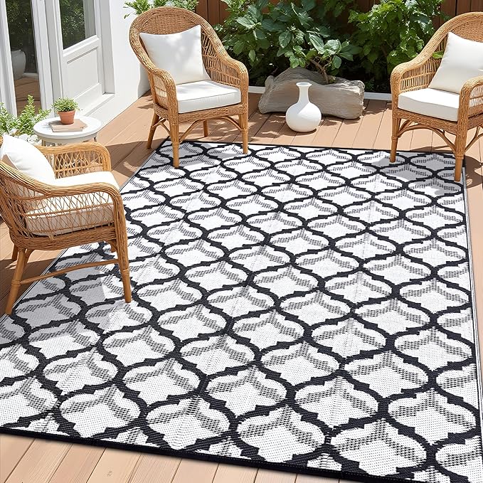 OLANLY Reversible Outdoor Rug 9x12 ft Clearance, Waterproof Outdoor Plastic Straw Rug with Interlacing Pattern, RV Mat for Patio, Camping, Balcony, Deck, Backyard, Black & White