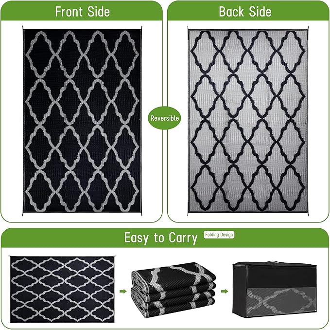 Easy-Going Reversible Outdoor Rugs 6x9ft Waterproof Plastic Straw Rug Stain & UV Resistant Floor Mat for Patio Porch RV Backyard Pool Deck Picnic Beach Trailer Camping (Moroccan Black & Light Grey)