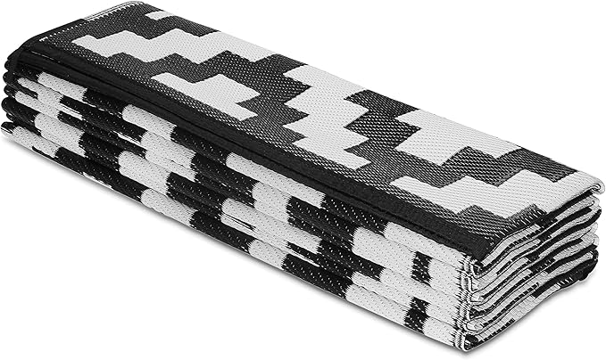 FH Home Outdoor Camping Rug - Waterproof, Fade Resistant, Reversible - Premium Recycled Plastic - Geometric - Patio, Deck, Sunroom, RV - Aztec - Black & White - 5 x 8 ft Foldable