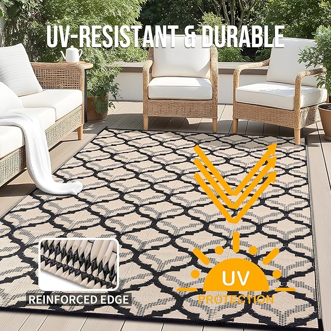 OLANLY Reversible Outdoor Rug 9x12 ft Clearance, Waterproof Outdoor Plastic Straw Rug with Interlacing Pattern, RV Mat for Patio, Camping, Balcony, Deck, Backyard, Black & Beige