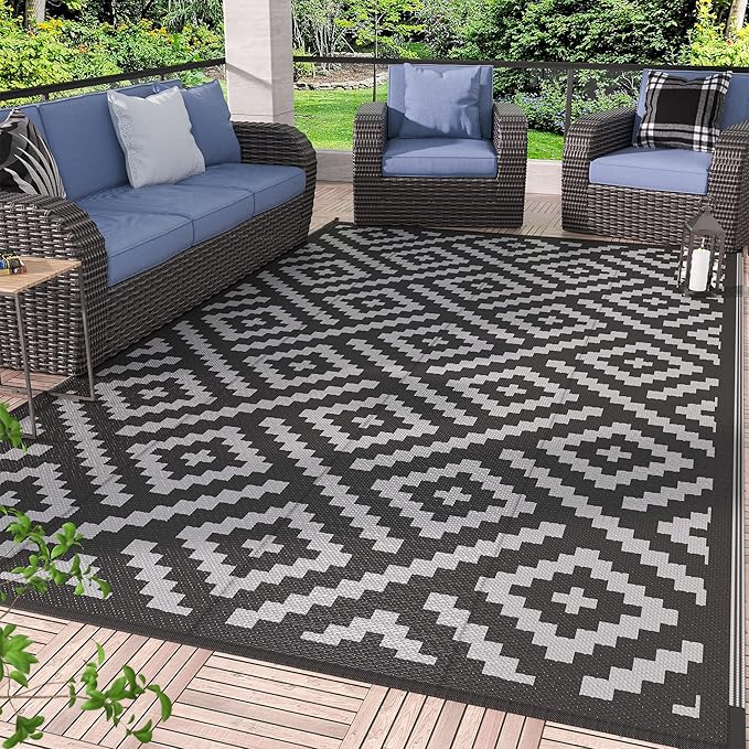 GENIMO Outdoor Rug for Patio Clearance,9'x12' Waterproof Large Mat,Reversible Plastic Camping Rugs,Rv,Porch,Deck,Camper,Balcony,Backyard,Black & Gray