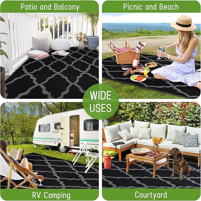 Easy-Going Reversible Outdoor Rugs 5x8ft Waterproof Plastic Straw Rug Stain & UV Resistant Floor Mat for Patio Porch RV Backyard Pool Deck Picnic Beach Trailer Camping (Moroccan Black & Grey)