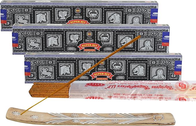 Satya Super Hit Incense Sticks, Satya sai Baba Insenses 15gmx3 (45 gm) Pack with Raajsee Incense Holder Bundle, Satya Nag Champa Natural Incense