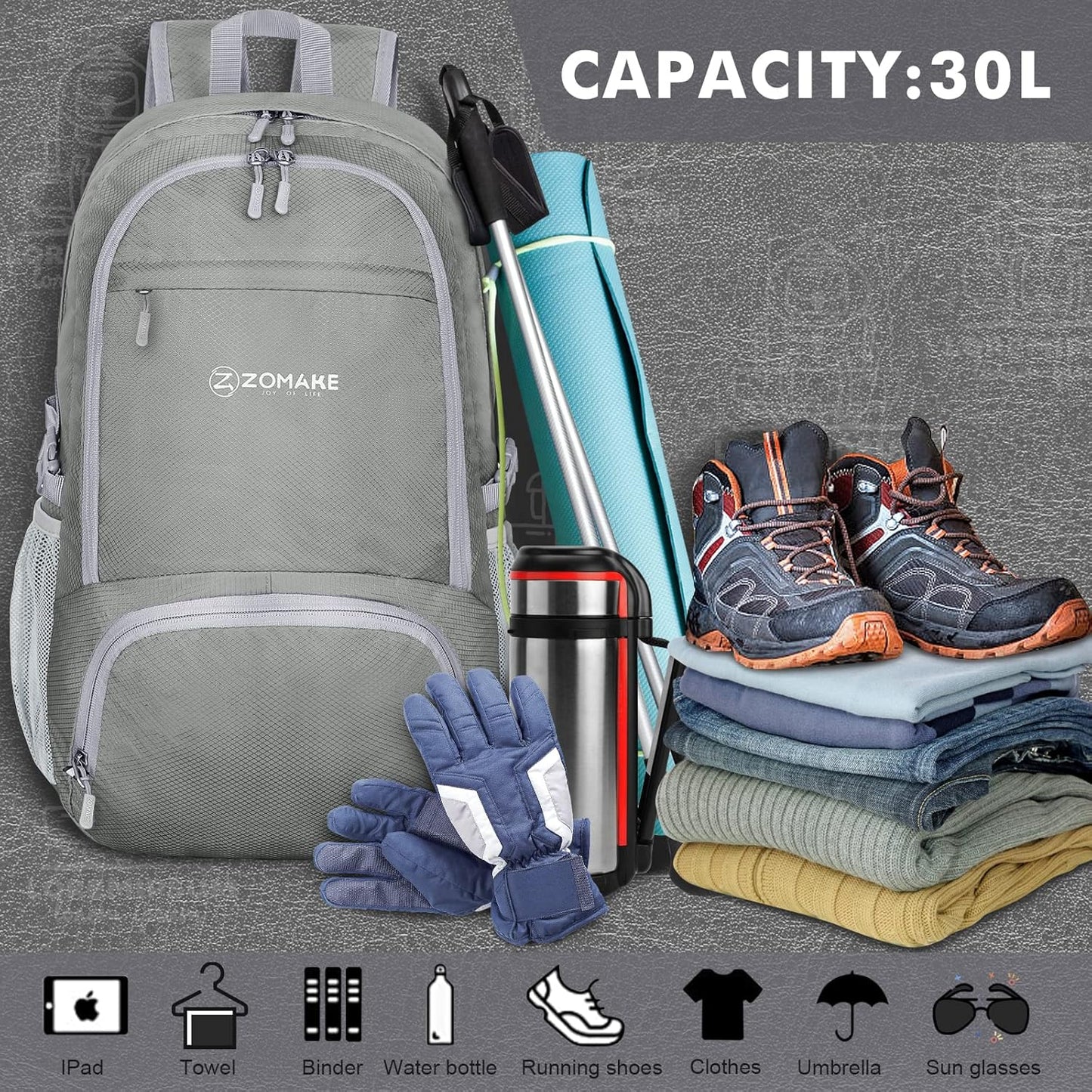 ZOMAKE Lightweight Packable Backpack 30L, Foldable Hiking Backpacks Water Resistant Compact Folding Daypack for Travel(Black)