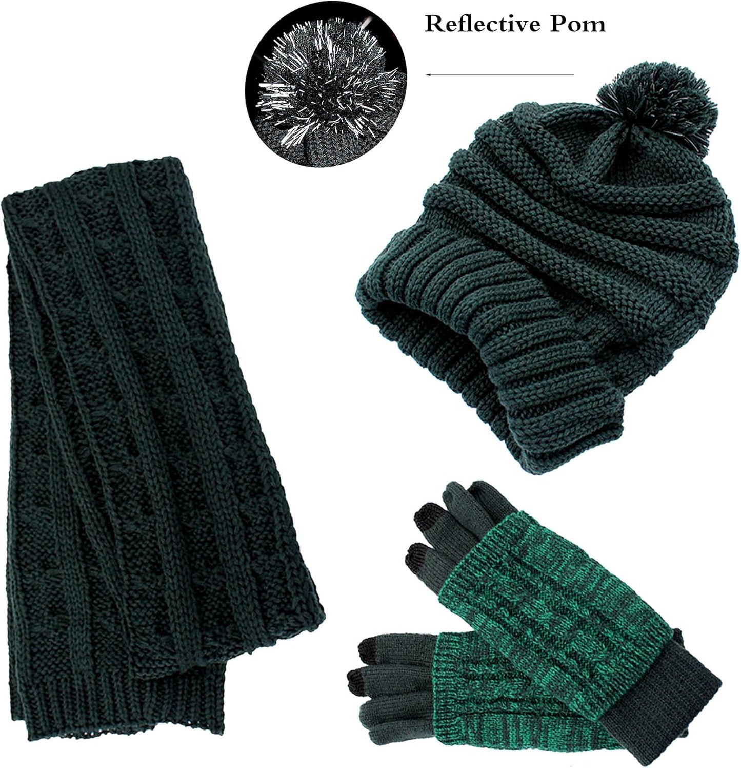 Winter Hat Gloves Scarf Set for Women, Cable Knit Beanie Pom Cap Touch Screen Glove Long Scarf 3PCS Winter Gift for Women Men