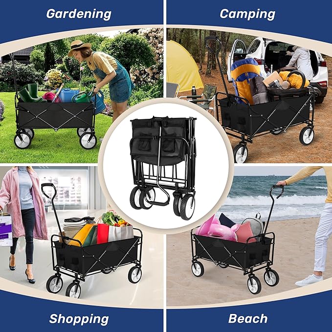YSSOA Rolling Folding & Rolling Collapsible Garden Cart, Outdoor Camping Wagon Utility with 360 Degree Swivel Wheels & Adjustable Handle, Black 220lbs Weight Capacity Rolling Collapsible Garden Cart
