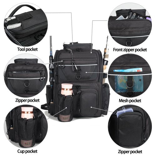 LEOMOO Fishing Tackle Backpack With Rod Holders, 40L Large Backpack for Fishing, Camping, Hiking