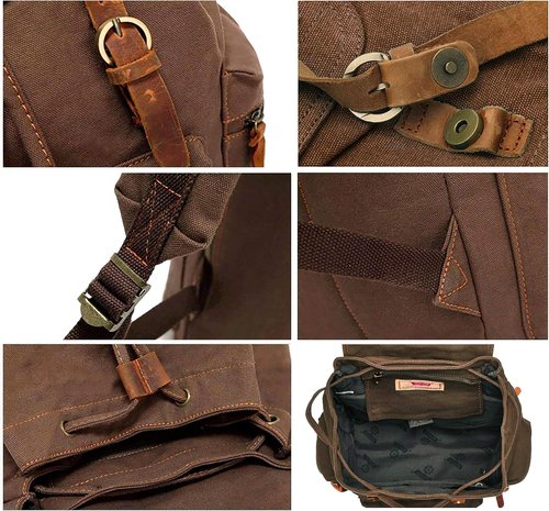 HuaChen Vintage Canvas Backpack with Leather Accents – Durable Travel Rucksack for Hiking, Camping, and Everyday Use – Men and Women M32-Gray-L
