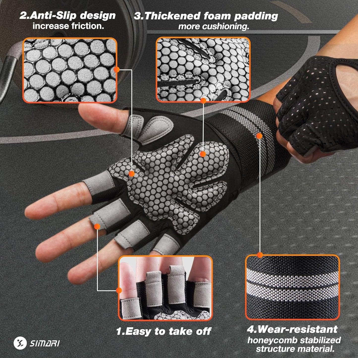 SIMARI Breathable Workout Gloves for Men Women, Padded Weight Lifting Gloves with Wrist Wraps Support, Full Palm Protection, Grip for Gym Training, Fitness, Weightlifting, Exercise Fingerless Black