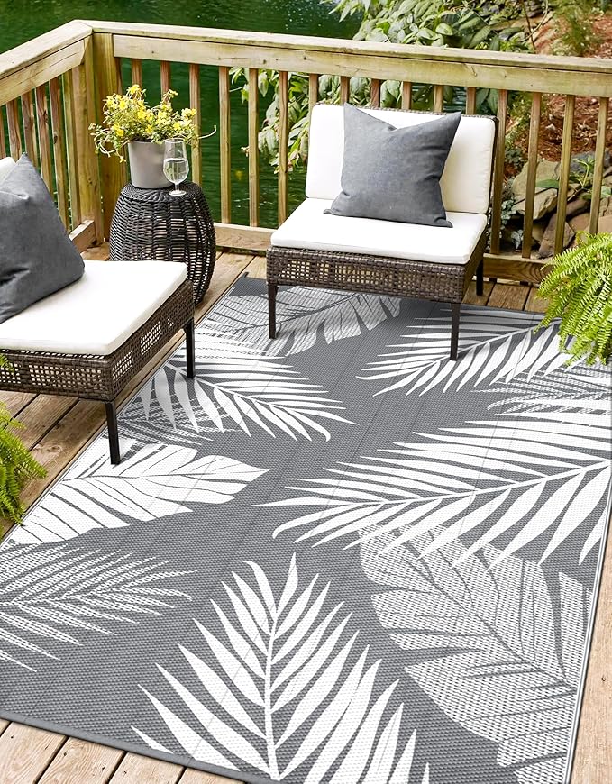 Outdoor Rug 4' x 6' for Patio Waterproof Clearance, Reversible Indoor Outdoor Plastic Straw Camping Rug Carpet, RV Mat, Large Area Rug for Deck, Backyard, Balcony, Porch, Beach, Grey and White