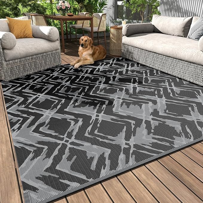 MontVoo Outdoor Rug 8x10 Waterproof-Patio Rug Mat Outdoor Carpet Reversible RV Camping Picnic Plastic Straw Rug Outside Outdoor Area Rug for Balcony Deck Backyard Patio Decor Modern Abstract