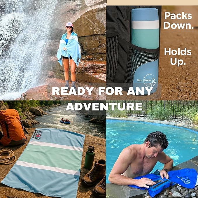 Go Anywhere Towel with Waterproof Phone Pouch - Quick Dry, Sand Free, Compact Beach Towel for Pool, Boat, Travel, Camping, Hiking & Outdoor Adventures (Blue)