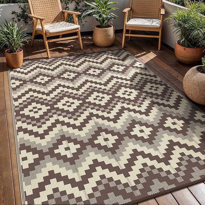 GENIMO Outdoor Rug Waterproof 8x10 ft, Lightweight Plastic Straw Rugs, Outside Reversible Large Mat Carpet for Patio, Camping, RV, Deck, Balcony, Porch, Backyard, Coffee & Beige