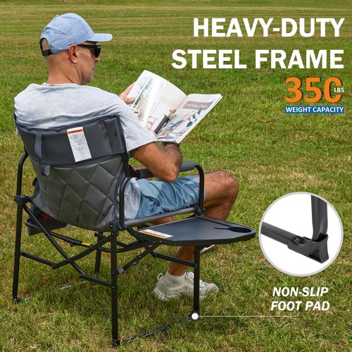 Outerspa Oversized Directors Chairs Heavy Duty Folding Outdoor Chairs with Detachable Side Pocket and Adjustable Side Table for Outside,Lawn,Fishing, Folding Camping Chair up to 350Lbs Capacity (Grey)