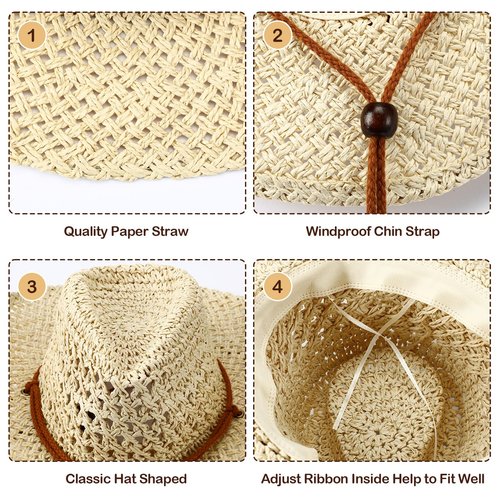 Newcotte 9 Pack Straw Cowboy Hats for Women Western Cowgirl Beach Sun Hat Bulk with Windproof Rope for Party Travel(Beige)